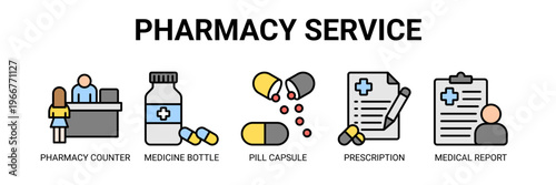 Pharmacy Service web banner icon vector illustration concept with icons of pharmacy counter, medicine bottle, pill capsule, prescription, and medical report.