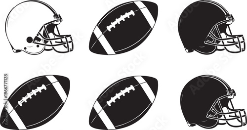 American Football Equipment Vector Set with Helmets and Balls in Black and White
