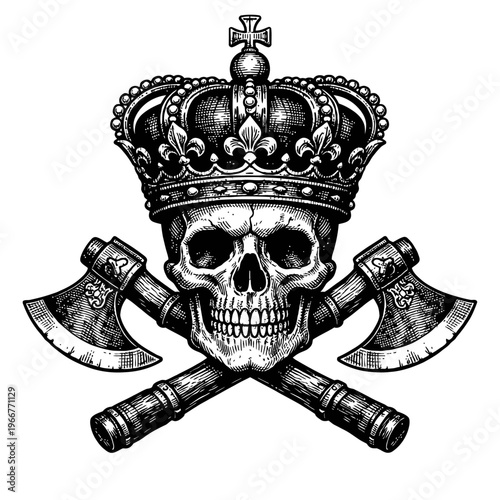 Vintage engraving of a majestic human skull crowned with an ornate royal crown and two crossed battle axes, a powerful dark emblem symbolizing mortality, sovereignty, rebellion, and strength.
