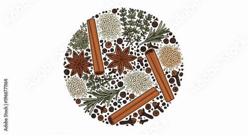 A circular arrangement of aromatic spices including star anise, cinnamon, cloves, herbs, and peppercorns