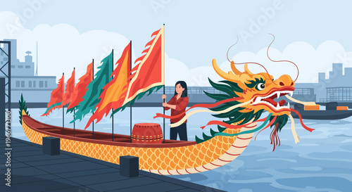 Woman decorating a dragon boat with flags for a traditional Asian festival race