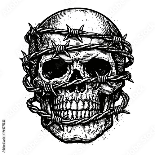 Intricate black and white engraving of a human skull menacingly entangled in barbed wire, depicting themes of confinement, struggle, and mortality in a detailed, gritty, and dark artistic style perfec