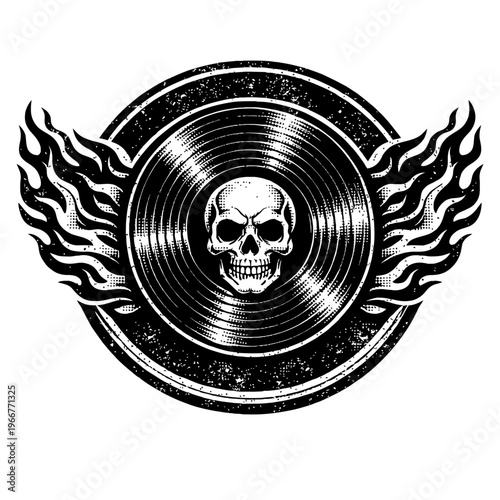 Rebellious Black & White Skull on Flaming Vinyl Record Design, featuring Distressed Grunge Texture for Rock Music Enthusiasts, Heavy Metal Bands, & Vintage Audio Lovers – Ideal for Apparel, Album Art,