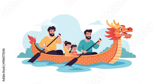 Family Paddling a Dragon Boat Together with Children and Men on the Water