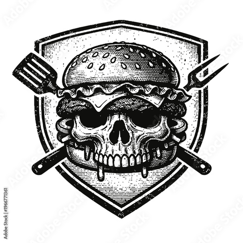 Gastronomic Skull Burger Emblem: A unique, monochrome, distressed artwork featuring a spooky skull integrated into a gourmet burger, complete with crossed grilling tools, set within a rustic shield cr