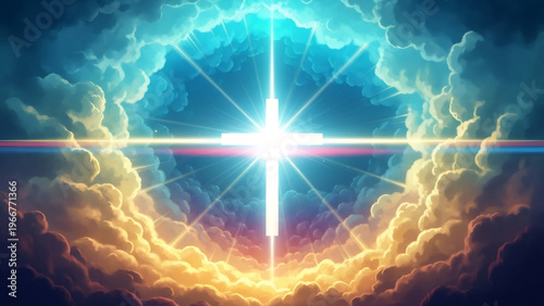 Radiant cross illuminated by heavenly light emerges through clouds. divine scene with vibrant colors and ethereal glow. essence of spiritual significance. easter resurrection concept. Good Friday.