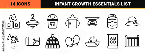 Minimalist Monoline Baby Care and Nursery Essentials Geometric Line Art Symbols for Modern Parental Mobile Applications and Web Design.