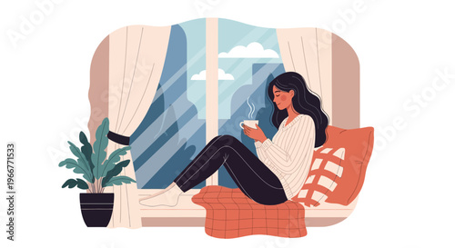 A woman peacefully enjoying a warm beverage while sitting by the window in a cozy indoor setting