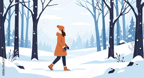 Woman walking through a serene snowy forest on a winter day