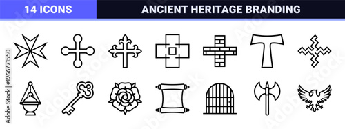 Ecclesiastical Heraldry Linear Symbols Featuring minimalist Monoline Christian Crosses and Medieval Liturgical Geometry Line Art Graphics.