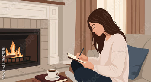 Woman journaling and writing by the fireplace with coffee, conveying a sense of cozy reflection and creative inspiration.