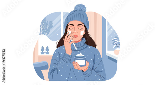 Young woman applying winter skincare cream indoors with a beanie and sweater