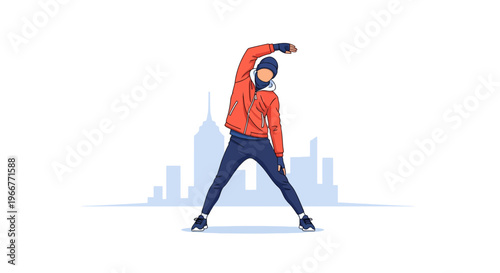 A man in athletic wear stretching outdoors with city buildings in the background