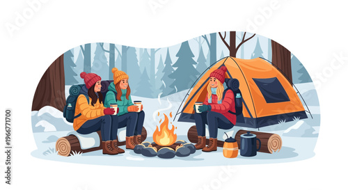 Three friends enjoying a cozy winter camping trip around a campfire with a tent nearby