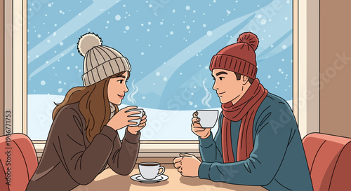 A couple in winter hats and scarves drinking coffee together indoors with snow falling outside