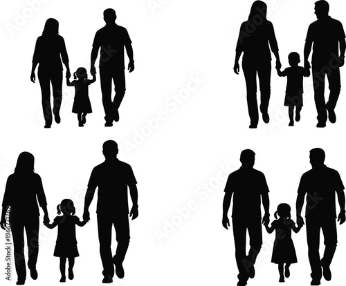 Family walking silhouettes with parents and child, happy people holding hands collection, black vector illustration isolated on white background for lifestyle design