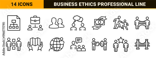 Corporate Social Responsibility and Legal Mediation Linear Icon Set. Minimalist monoline geometric line art for business ethics and agreements.