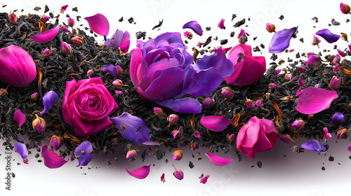 Explosion dynamique de feuilles de thé noir avec boutons de rose et lavande virevoltant avec élégance. Thé bio haut de gamme. Isolé sur fond blanc