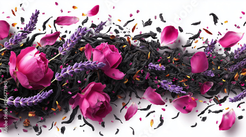 Explosion dynamique de feuilles de thé noir avec boutons de rose et lavande virevoltant avec élégance. Thé bio haut de gamme. Isolé sur fond blanc