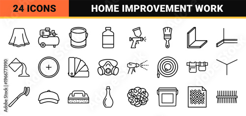 Minimalist monoline painting and home renovation icon set featuring geometric line art for professional contractors and interior designers.