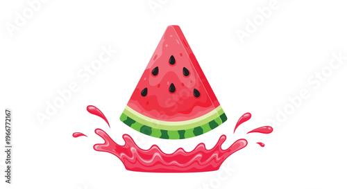 Fresh watermelon slice with juice splash vector, red fruit wedge with black seeds and green rind, summer food illustration for healthy drink menu design