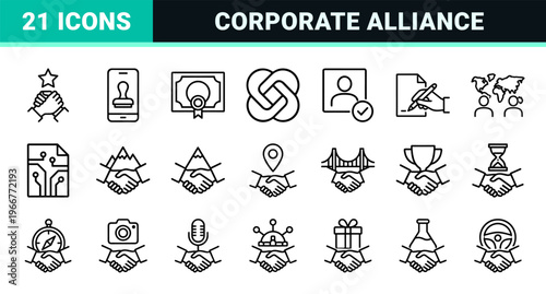 Business Partnership and Corporate Collaboration Minimalist Monoline Geometric Line Art for Commercial Contract Agreements and Teamwork