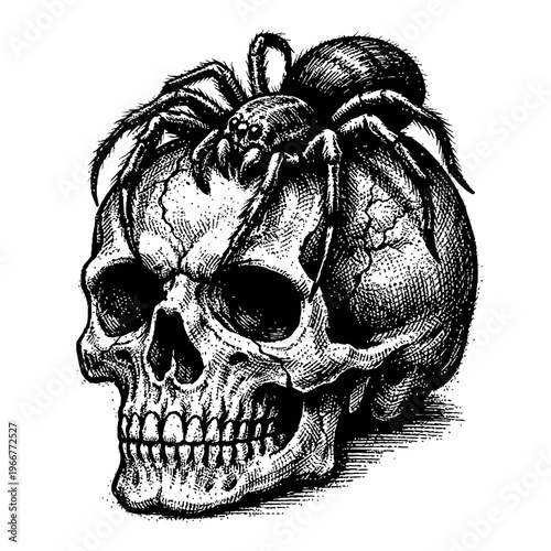 Detailed black and white engraving featuring a human skull crowned by a formidable tarantula, a striking and dark gothic illustration ideal for horror, Halloween, and macabre art themes, showcasing in