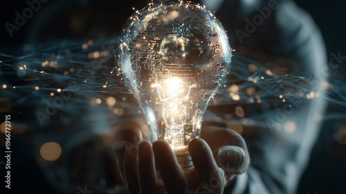 Creative innovation scene, a person holding a bright light bulb with a digital circuit pattern inside.