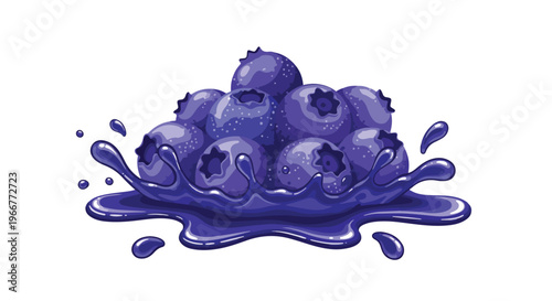 Fresh blueberry splash vector illustration, ripe blue berries falling into liquid juice puddle, organic fruit yogurt or smoothie splash on white background