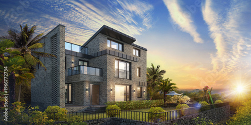 Cuadro en lienzo Luxury modern brick house exterior with garden at sunset, 3D architectural rende