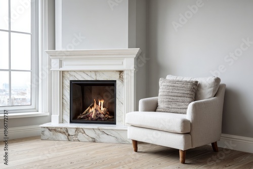 Cozy armchair next to a lit fireplace in a bright room.