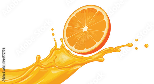 Fresh orange juice splash with fruit slice, vibrant citrus liquid wave on white background, realistic fruit juice explosion vector for beverage packaging design