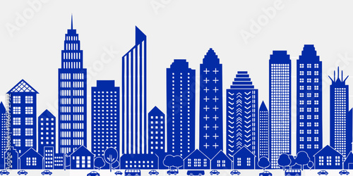 "A professional, high-resolution vector illustration of a panoramic blue city skyline, isolated on white transparent background. The design features a continuous, minimalist flat-design silhouette of 