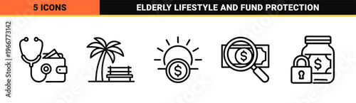 Retirement Planning and Pension Fund Management Minimalist Monoline Icons for Financial Security and Senior Lifestyle Banking Services.