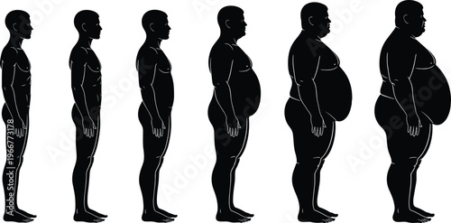 Male body weight progression silhouettes from slim to obese, human transformation stages, health and obesity concept vector illustration isolated on white background