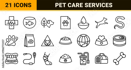 Minimalist Pet Care and Veterinary Medicine Monoline Line Art Set for Professional Animal Clinic Branding and Digital Wellness Interfaces.