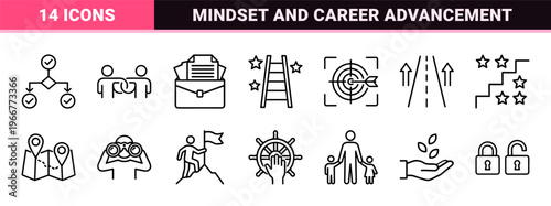 Personal Growth and Self Improvement Minimalist Monoline Icon Set featuring Geometric Line Art for Coaching, Mentoring, and Business Success.