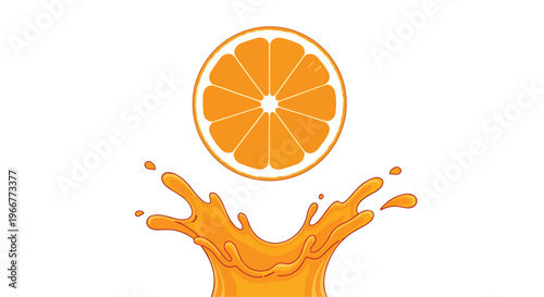 Orange slice falling into liquid splash vector, fresh citrus fruit juice drop with ripples, organic orange beverage burst illustration for drink packaging