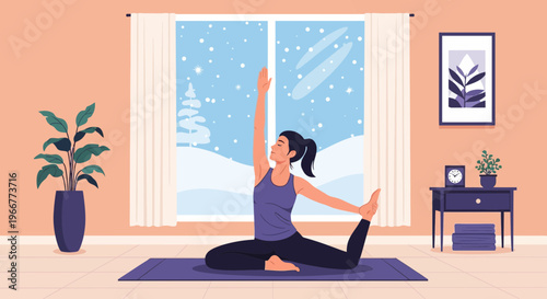 Woman practicing yoga indoors on a mat with a peaceful winter snowfall scene visible through the window