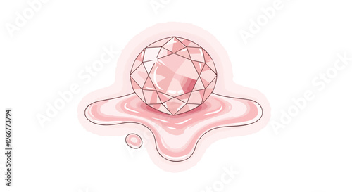 Sparkling pink diamond gemstone vector illustration, brilliant cut rose crystal jewel sitting in liquid puddle, luxury jewelry design element for fashion