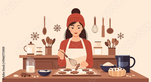 Young woman in winter hat baking holiday cookies in a cozy kitchen with festive decorations