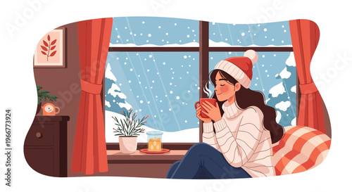 Cozy woman in Santa hat enjoying hot chocolate by the window during a snowy winter day