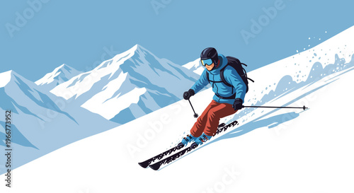 Man skiing downhill in snowy mountains with poles and backpack