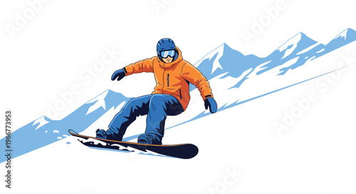 Dynamic snowboarder in orange jacket carving down snowy mountain slopes, captured in winter sport action.