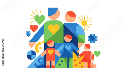 Family with children standing together happily.