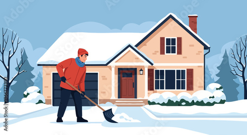 Man Shoveling Snow in Front of a House During Winter Season