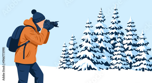 Person photographing winter snow-covered trees in a snowy landscape