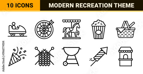 Entertainment and Leisure Activity Outline Symbols Featuring Ultra Minimalist Geometric Line Art for High End Commercial Media Projects