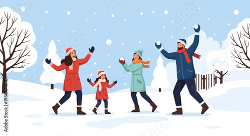 A joyous family enjoys a lively snowball fight amidst a winter wonderland with falling snow