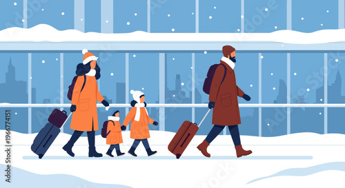 Family traveling together in a winter airport with snow falling outside and luggage